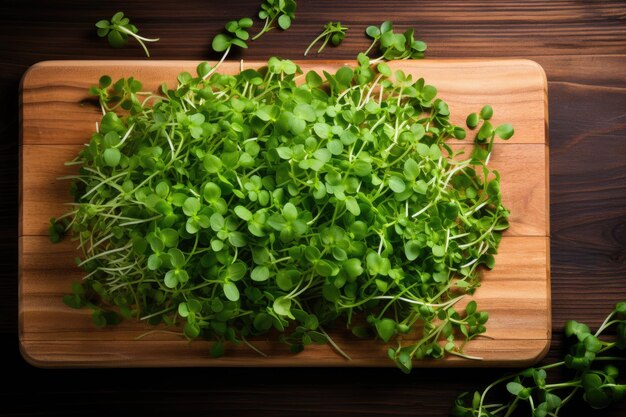 Heap of microgreens on wooden cutting board top view Generative AI