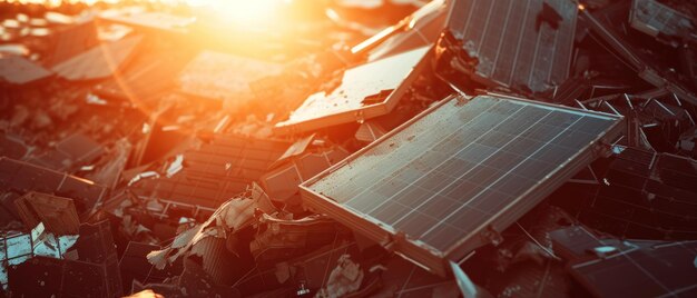 Heap of old solar panels on landfill with a sunset Environmental degradation and pollution