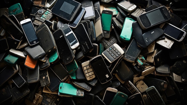 The heap of old waste mobile phone AI generative
