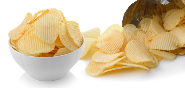 Heap of potato crisps on white background