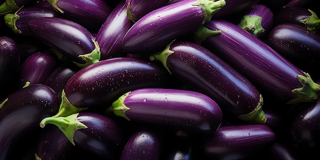 A heap of purple eggplants on dark background