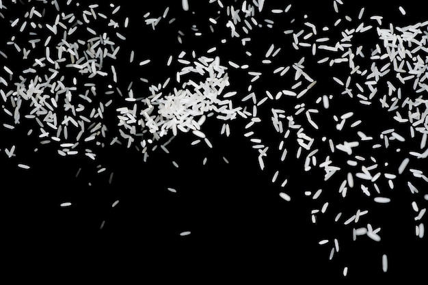 Heap of raw rice on dark background raw white rice explosion faling rice on black background