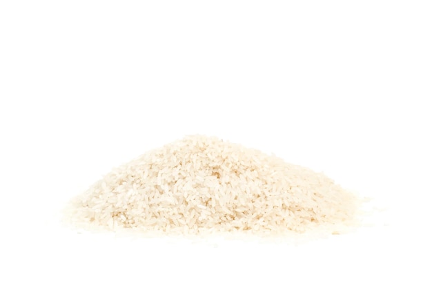 A heap of raw rice on a white background with copy space