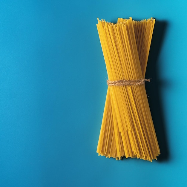 Heap of raw small Pasta on a blue background top viewcopy space