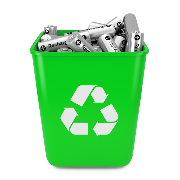 Heap of Rechargeable Batteries in Green Bucket with Recycle Sign on a white background. 3d Rendering