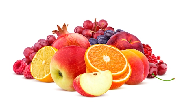 heap of red fruits and berries isolated on white background