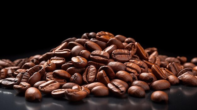 heap of roasted coffee beans on black background