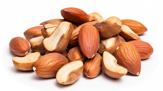 Heap of shelled and unshelled almonds isolated on white background