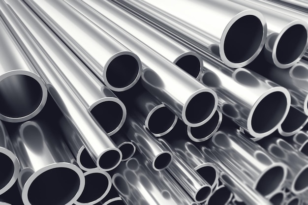 Photo heap of shiny metal steel pipes with selective focus effect 3d illustration