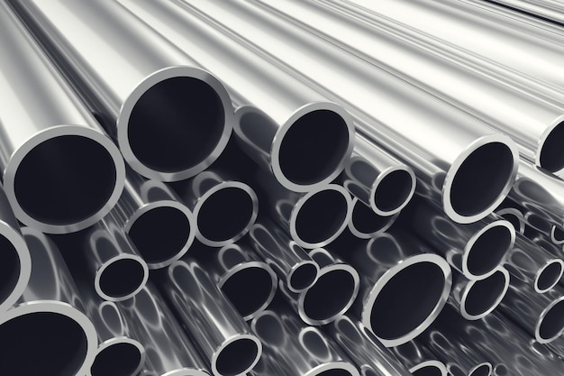 Photo heap of shiny metal steel pipes with selective focus effect 3d illustration