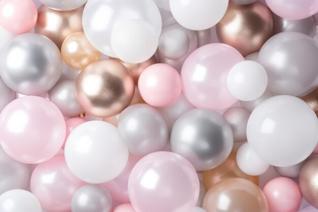 Photo heap of shiny pink white silver and golden balloons