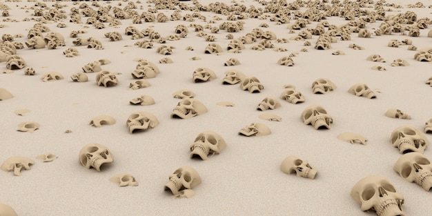 砂の上に頭蓋骨のヒープ。黙示録と地獄の概念。 3Dレンダリング。