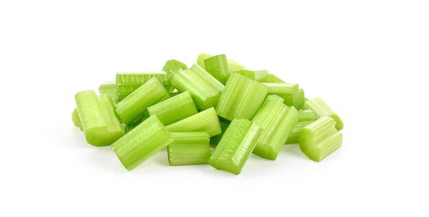 Heap of sliced celery on white background