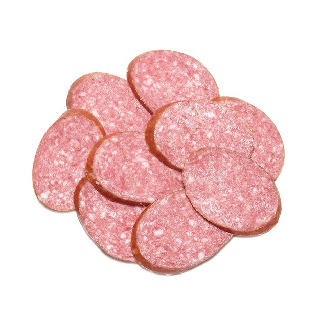 Heap of sliced sausage isolated on white