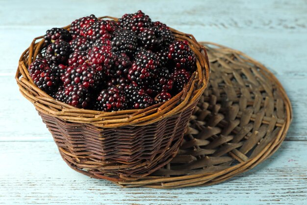 Heap of sweet blackberries in basket on table close up