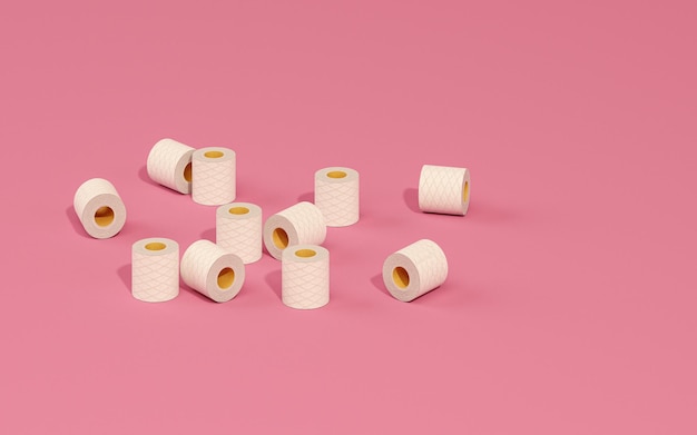 Heap of toilet paper falling on pastel pink background advertisement idea creative composition