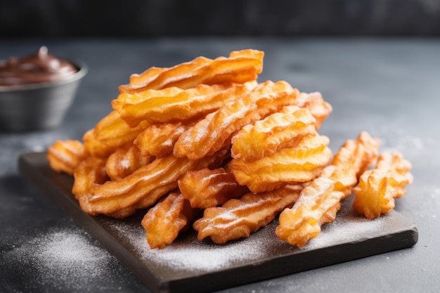 A heap of traditional Spanish dessert churros on the stone board with powdered sugar and chocolate