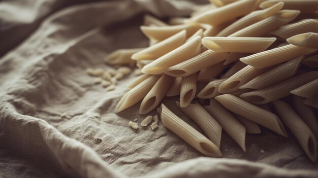 Heap of uncooked whole wheat penne Italian pasta rustic style