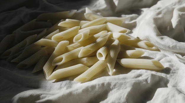 Heap of uncooked whole wheat penne Italian pasta rustic style