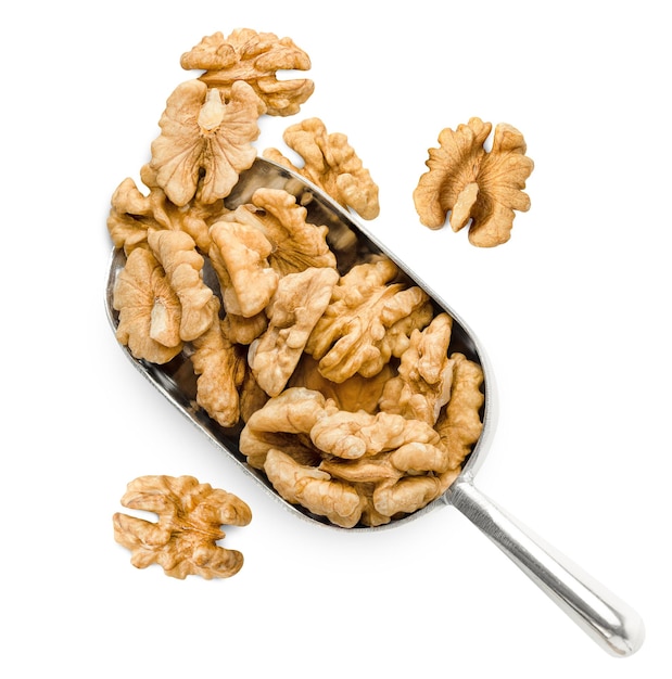 heap of walnuts on a metal spoon on a white isolated background top view