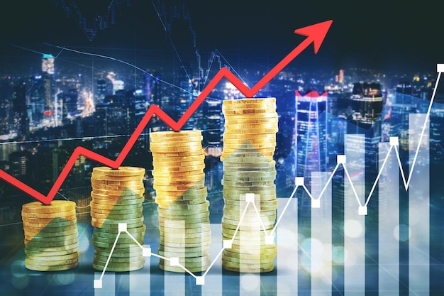 Heaped coins shaping growth chart with night city