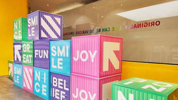 Foto scatole colorate ammucchiate che decorano nel centro commerciale di lusso