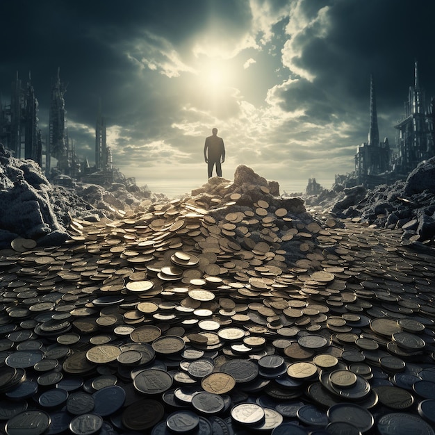 heaps of silver coins on destroyed earth