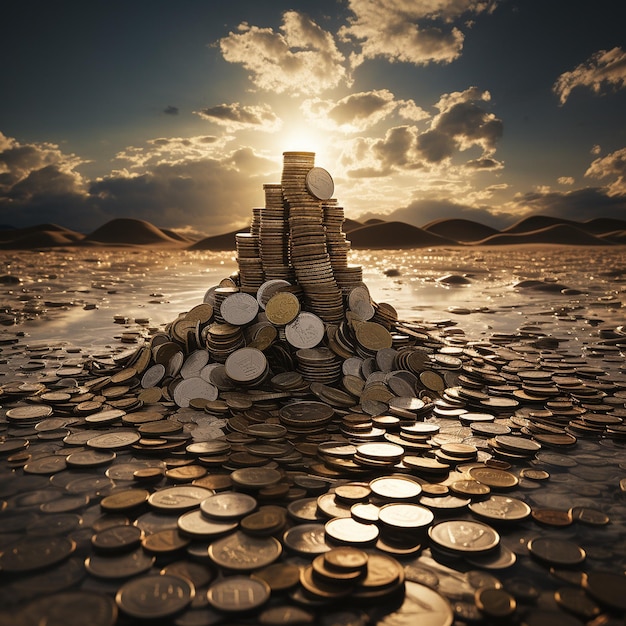 heaps of silver coins on destroyed earth