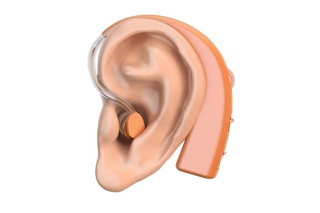 Photo hearing aid on ear 3d rendering