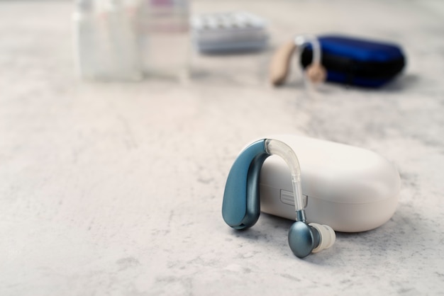 hearing aids and case high angle