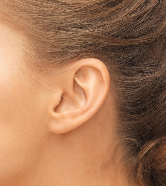 청력, 건강, 아름다움, 피어싱 개념 - 여성의 귀 가까이