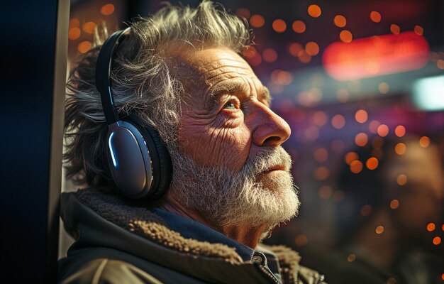 A hearing test using sound wave simulation technology is displayed in the older man's ear