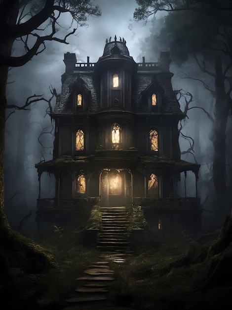古代の森の中心に、闇と秘密に包まれた見捨てられた邸宅が建っている