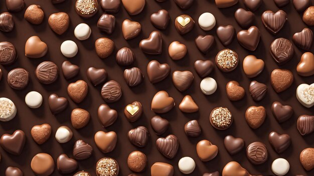写真 チョコレートのプラットフォームの上にハートと円形のキャンディー