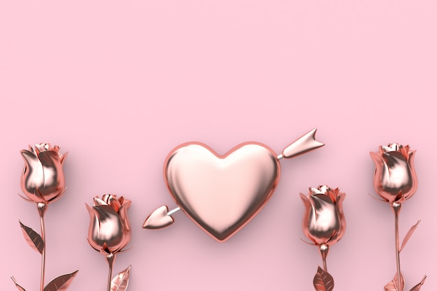 heart and arrow rose abstract metallic pink background valentine concept 3d rendering