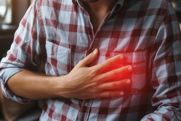 心臓発作のコンセプト胸の痛みのクローズアップに苦しむ男性