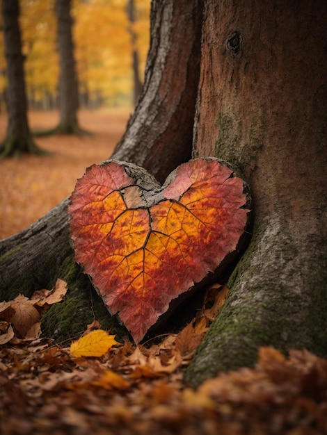 Photo heart in autumn leaves near big tree in autumn forest generative ai