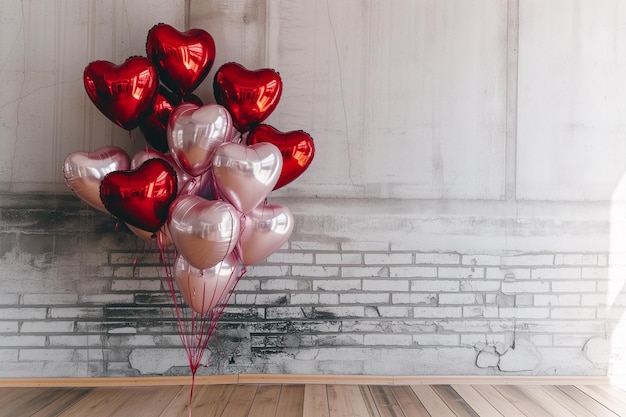 Heart Balloons Against Industrial White Brick Wall