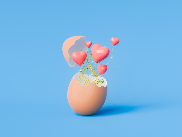 Heart balloons emerging from a cracked egg