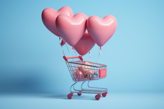 Воздушные шары-сердечки поднимают тележку для покупок, создавая причудливый опыт покупок в воздухе.