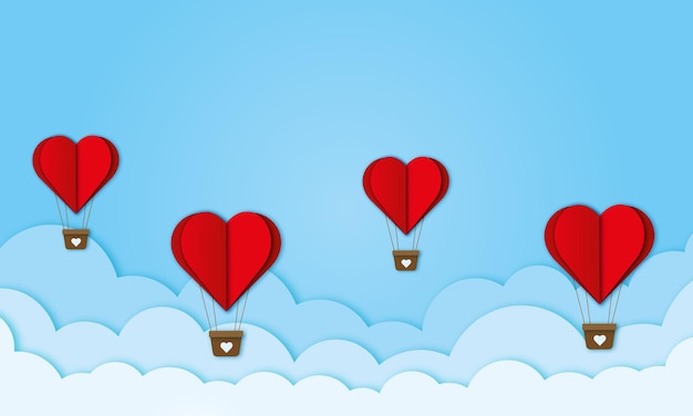 Heart balloons in the sky among the clouds paper style