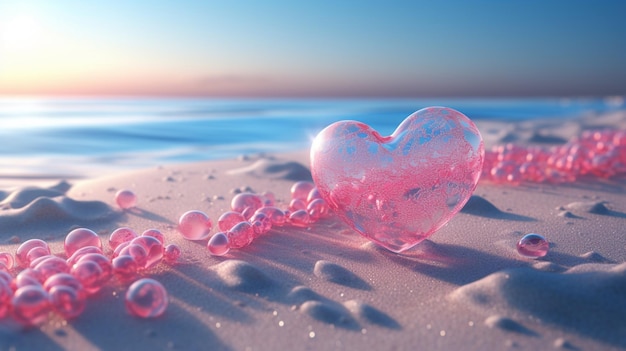 A heart on the beach is surrounded by small balls.