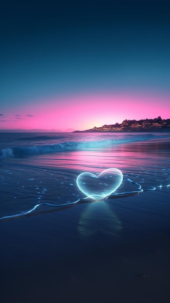 A heart on the beach with the sun setting behind it