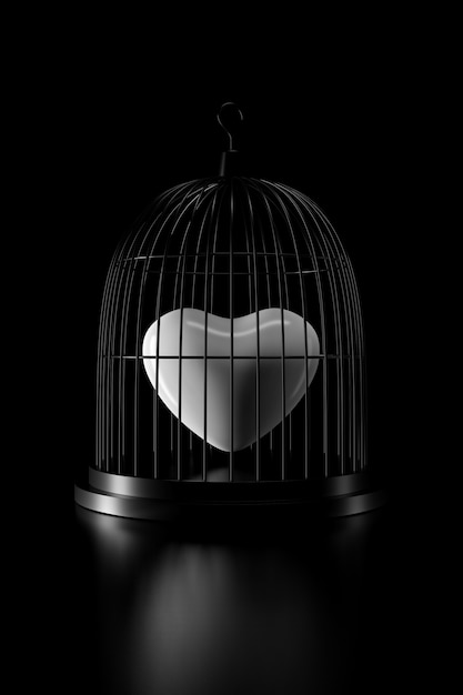 Photo heart in bird cage. 3d rendering.