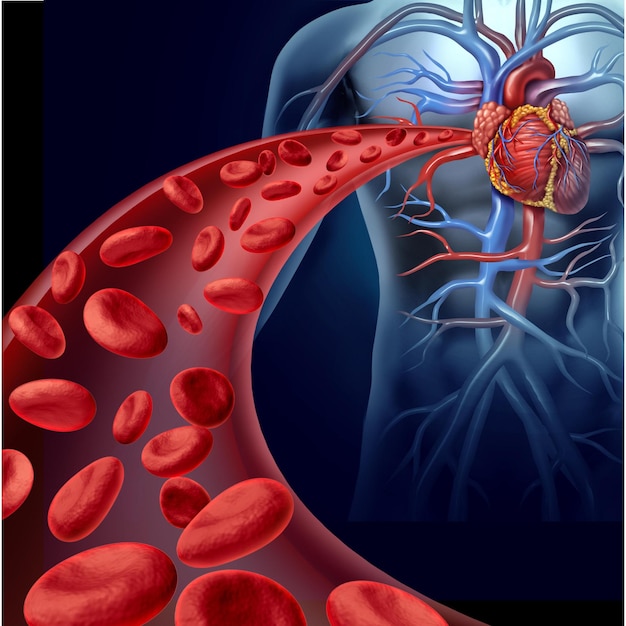 Photo heart blood health with red cells flowing through three dimensional veins from the human circulatory