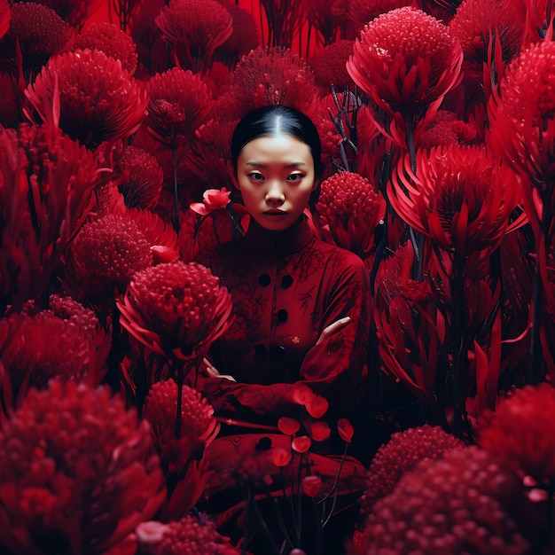 In the Heart of Blooms 赤い花の海に佇む写真家の芸術性