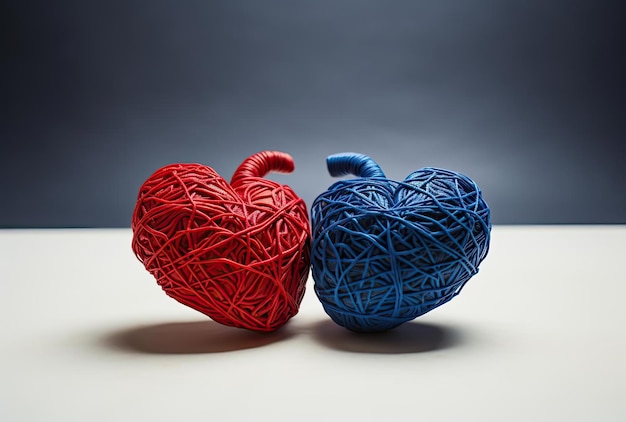 a heart between the brain and a row of shaped string in the style of red and blue