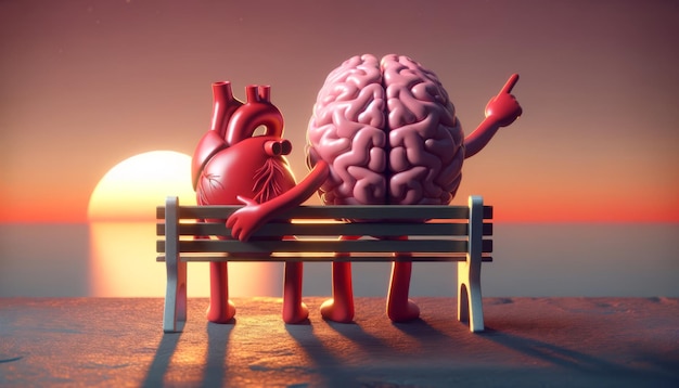 심장과 뇌가 해가 지는 것을 보는 3D 렌더링