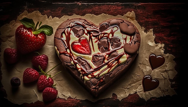 Torta a cuore per la festa della mamma o il compleanno di san valentino decorata su un tavolo di legno ia generativa