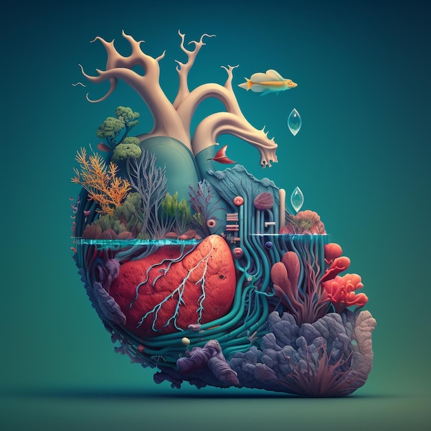 Heart care concept Abstract stylized illustration Cardiac anatomy and physiology Artificial organ World heart day AI Generated